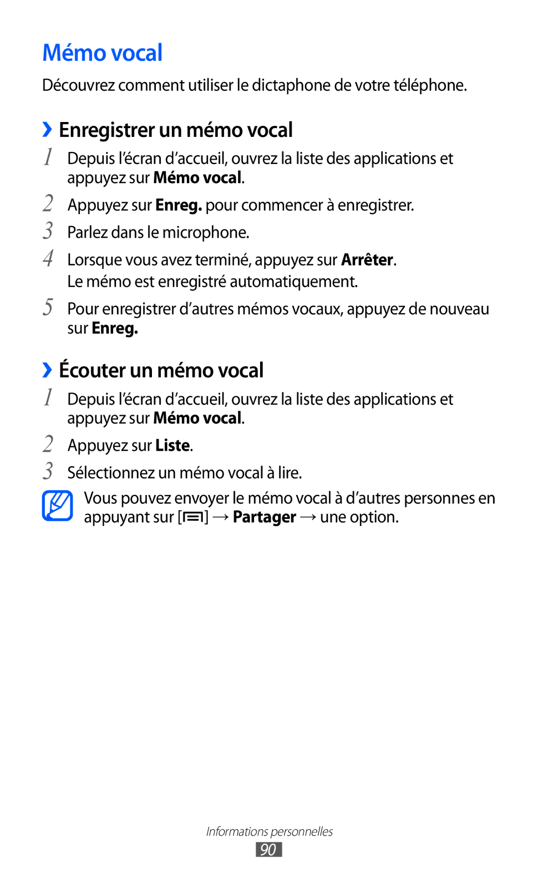 Samsung GT-I8530RWAXEF, GT-I8530BAASFR manual Mémo vocal, ››Enregistrer un mémo vocal, ››Écouter un mémo vocal, Sur Enreg 