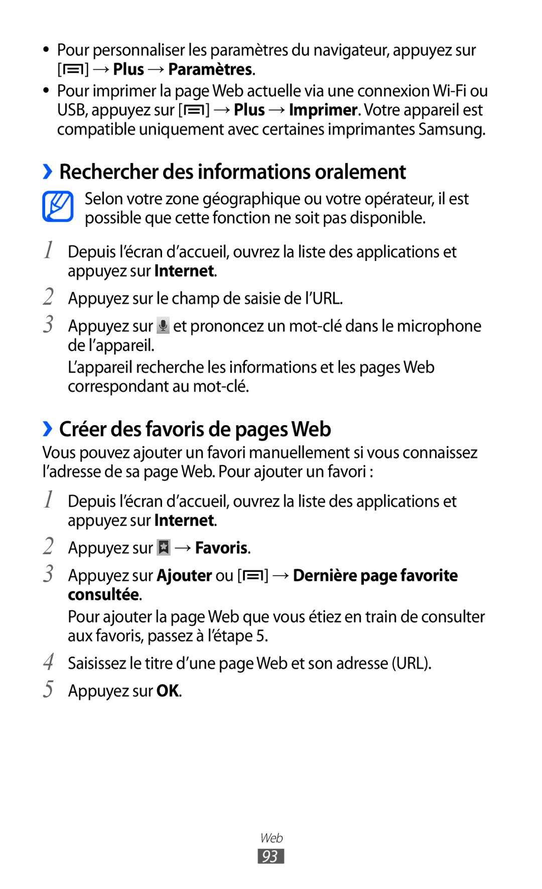 Samsung GT-I8530BAAXEF, GT-I8530RWAXEF manual ››Rechercher des informations oralement, ››Créer des favoris de pages Web 