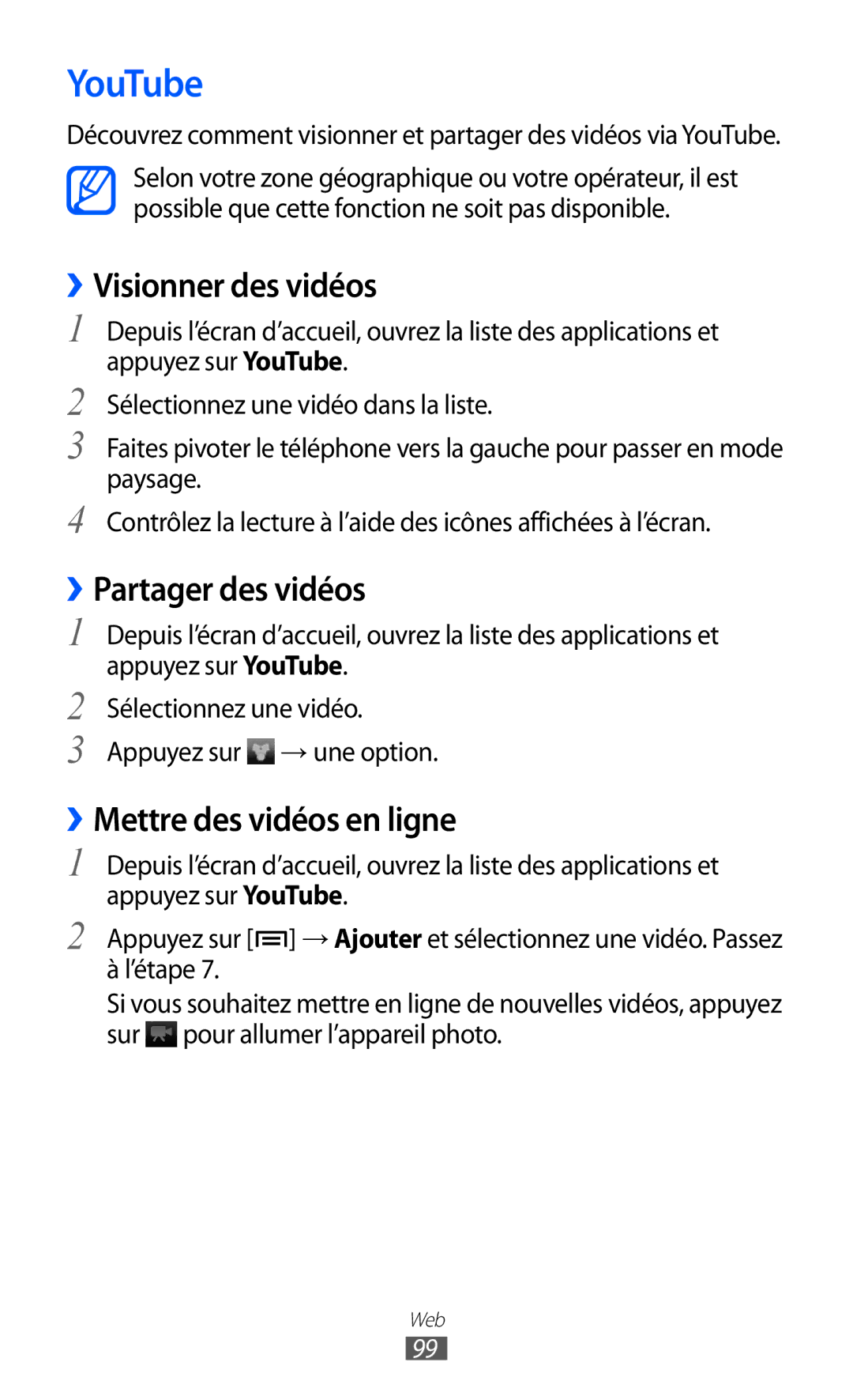 Samsung GT-I8530BAAXEF manual YouTube, ››Visionner des vidéos, ››Partager des vidéos, ››Mettre des vidéos en ligne 