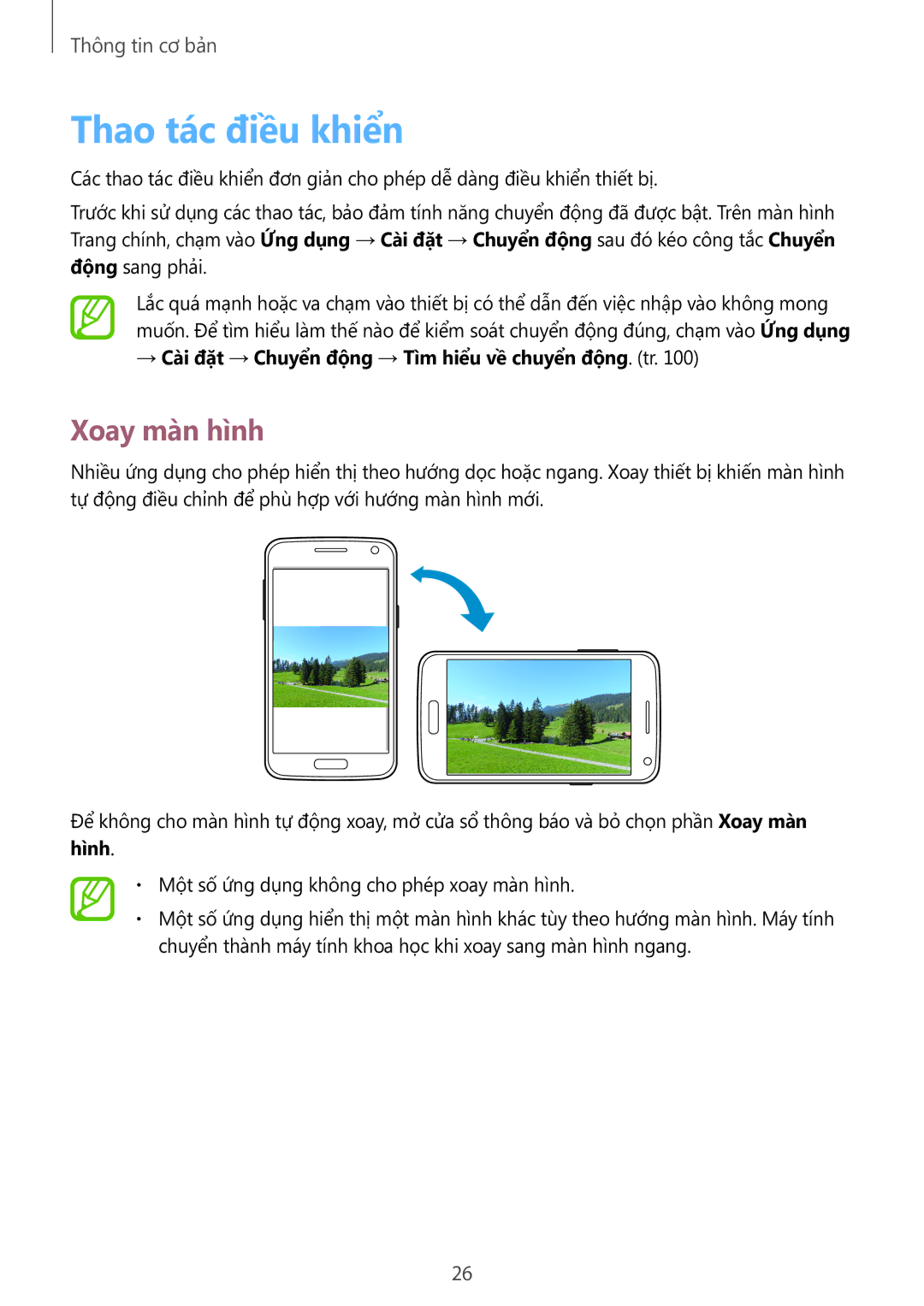 Samsung GT-I8552RWAXXV manual Thao tác điều khiển, Xoay màn hình, → Cài đặt → Chuyển động → Tìm hiểu về chuyển động. tr 