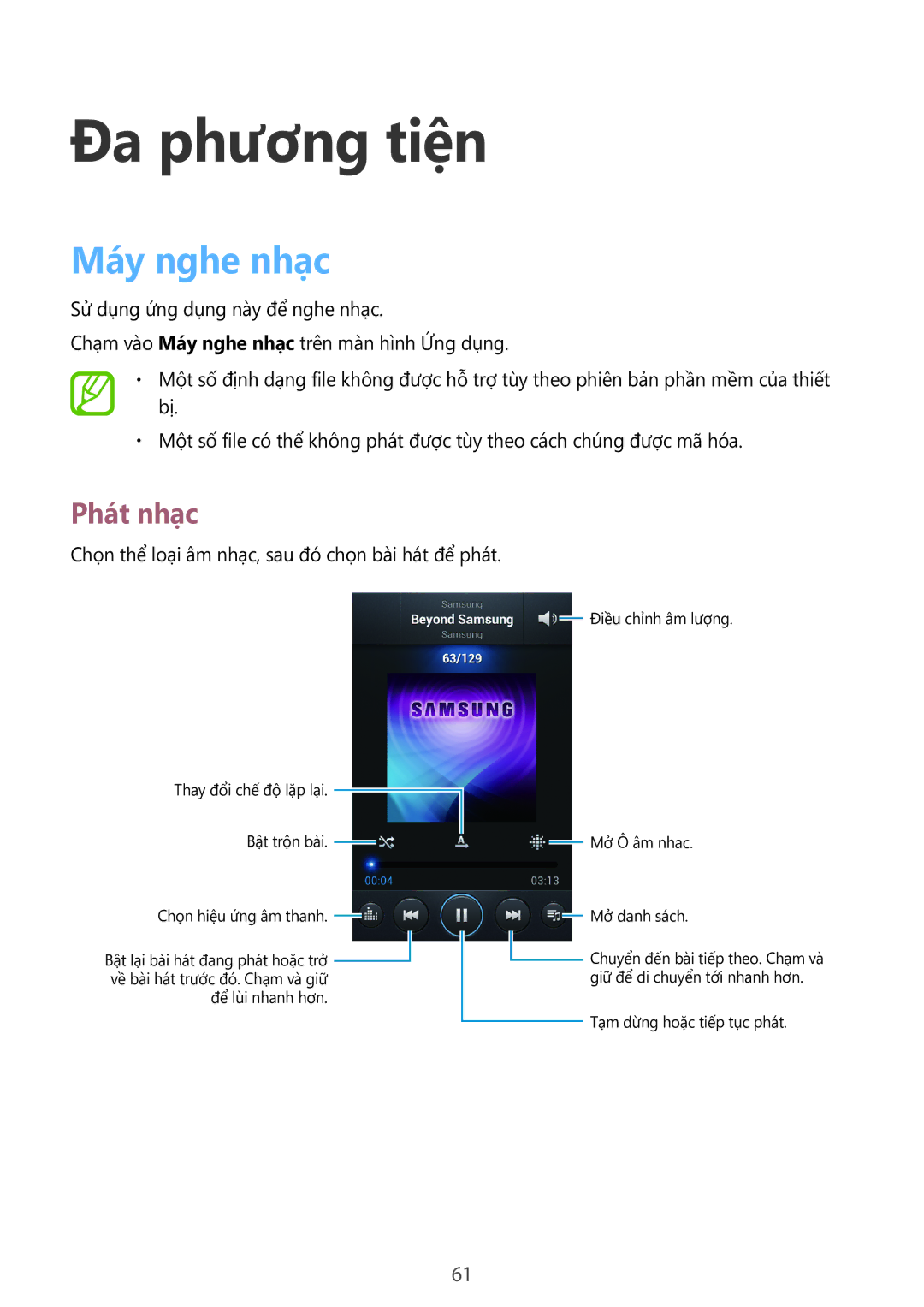 Samsung GT-I8552TAAXXV, GT-I8552RWAXXV manual Đa phương tiện, Máy nghe nhạc, Phát nhạc 