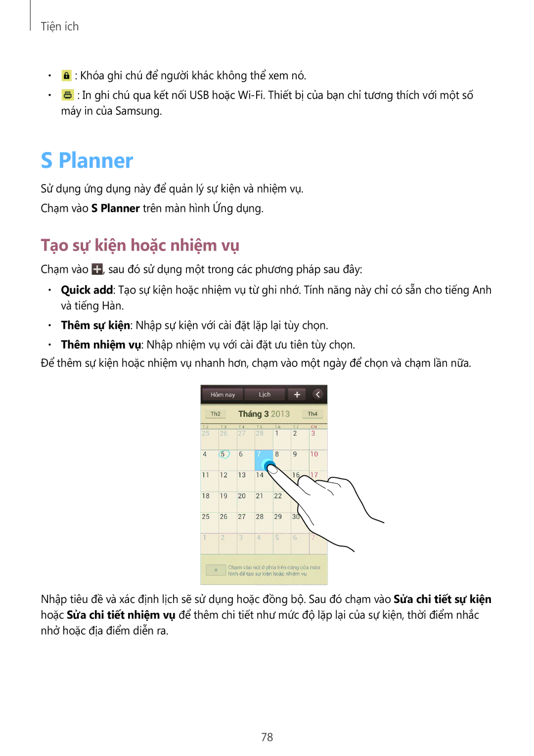 Samsung GT-I8552RWAXXV, GT-I8552TAAXXV manual Planner, Tạo sự kiện hoặc nhiệm vụ 