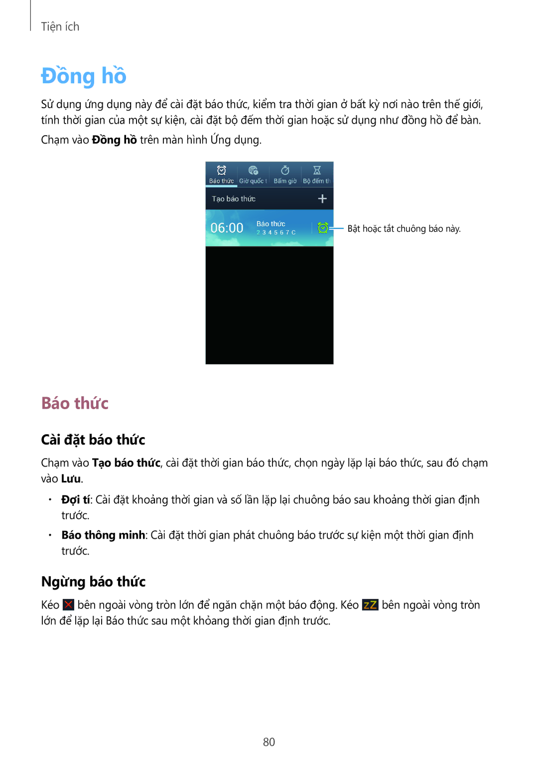 Samsung GT-I8552RWAXXV, GT-I8552TAAXXV manual Đồng hồ, Báo thức, Cài đặt báo thức, Ngừng báo thức 
