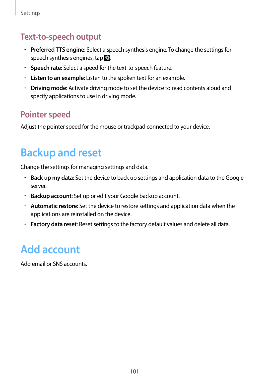 Samsung GT-I8552TAASER Backup and reset, Add account, Text-to-speech output, Pointer speed, Add email or SNS accounts 