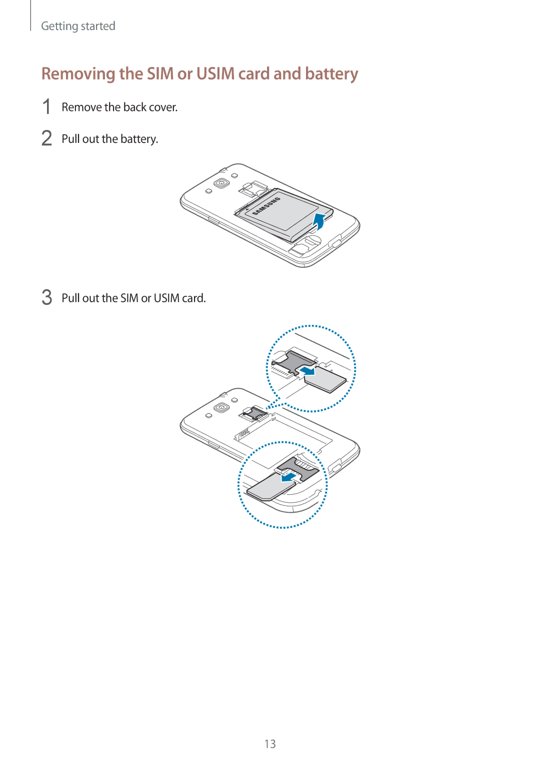 Samsung GT-I8552RWAKSA, GT-I8552TAAKSA manual Removing the SIM or Usim card and battery, Pull out the SIM or Usim card 