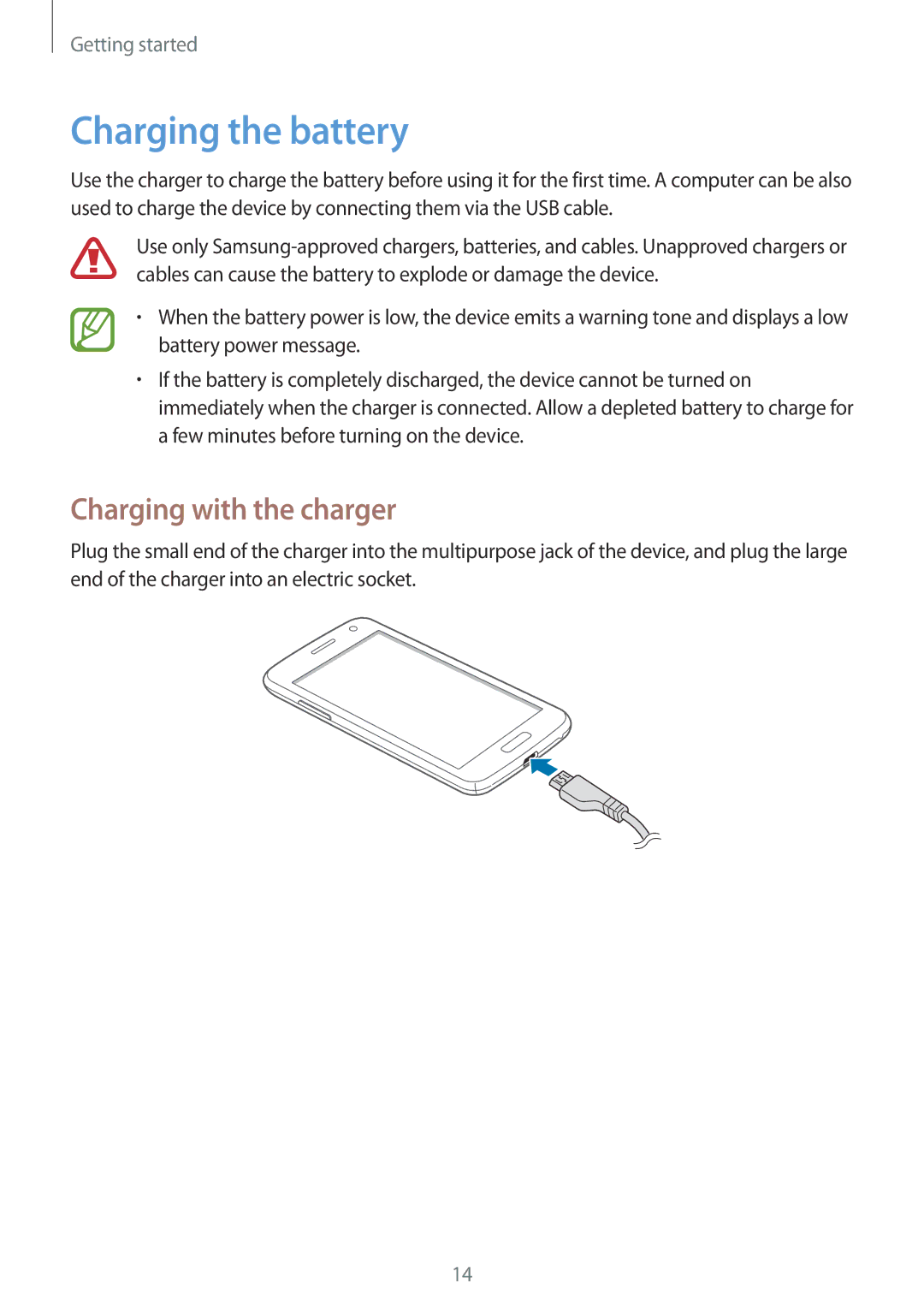 Samsung GT-I8552RWAXXV, GT-I8552TAAKSA, GT-I8552RWAKSA, GT-I8552TAAXXV manual Charging the battery, Charging with the charger 