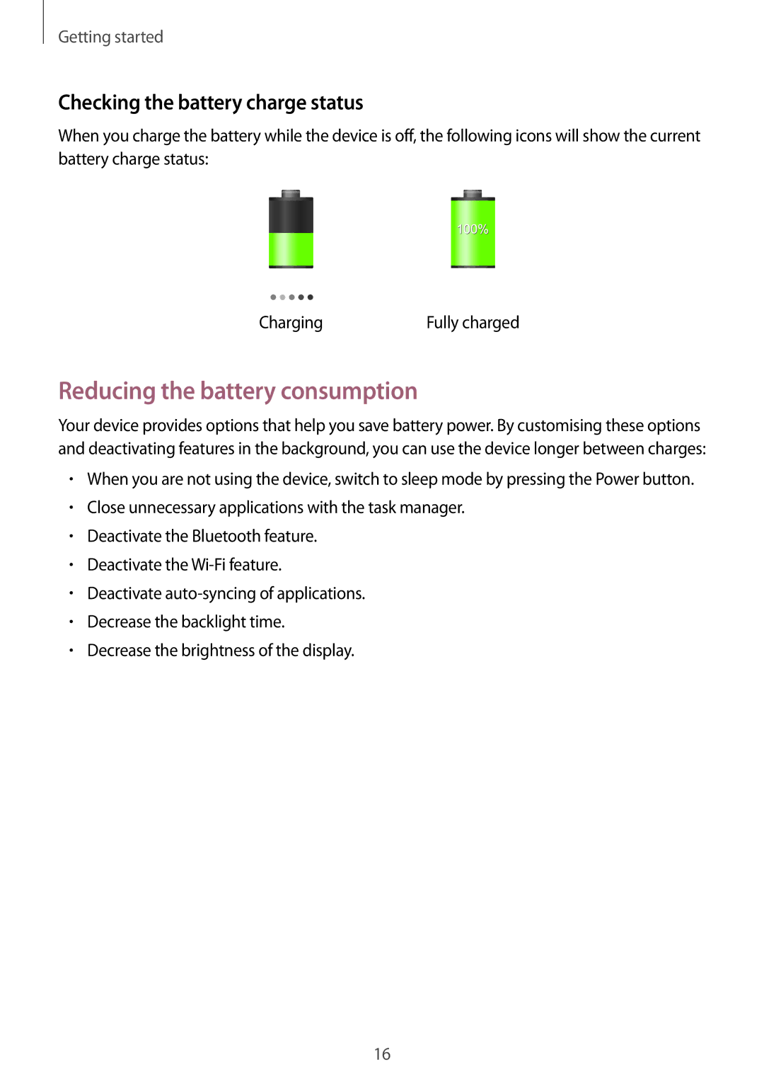 Samsung GT-I8552RWASER, GT-I8552TAAKSA, GT-I8552RWAKSA Reducing the battery consumption, Checking the battery charge status 