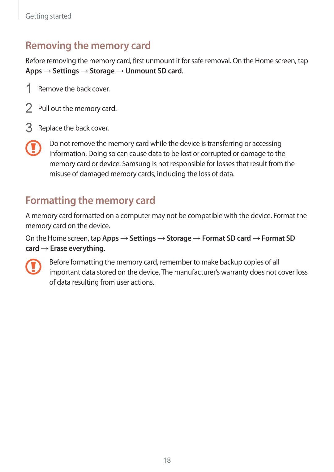 Samsung GT-I8552TAAKSA, GT-I8552RWAKSA, GT-I8552RWAXXV, GT-I8552TAAXXV Removing the memory card, Formatting the memory card 