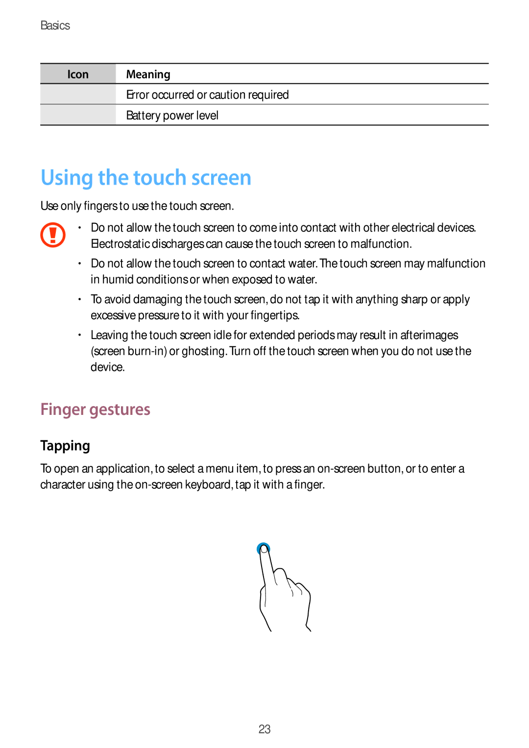 Samsung GT-I8552TAASER manual Using the touch screen, Finger gestures, Tapping, Use only fingers to use the touch screen 