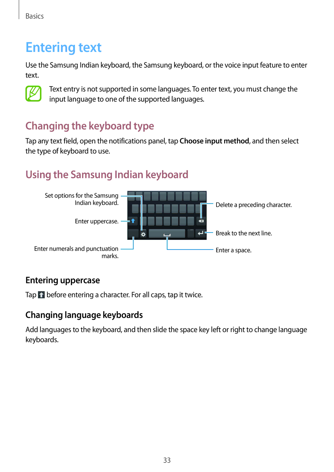 Samsung GT-I8552TAAXXV Entering text, Changing the keyboard type, Using the Samsung Indian keyboard, Entering uppercase 