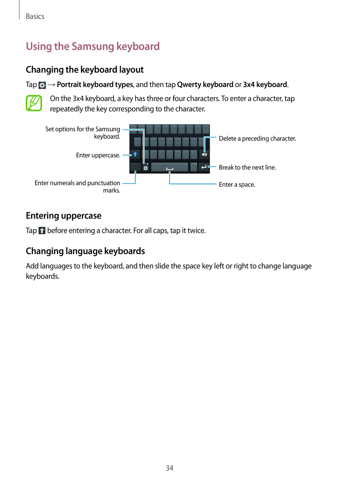 Samsung GT-I8552RWASER, GT-I8552TAAKSA, GT-I8552RWAKSA manual Using the Samsung keyboard, Changing the keyboard layout 