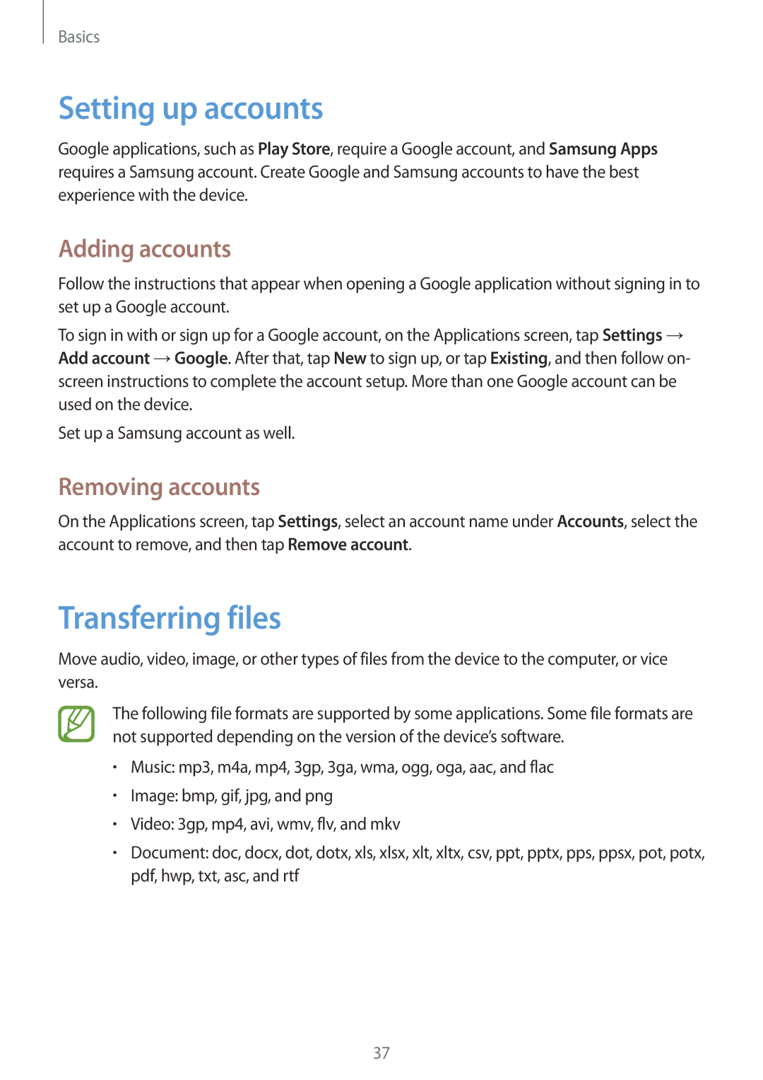 Samsung GT-I8552RWAKSA, GT-I8552TAAKSA manual Setting up accounts, Transferring files, Adding accounts, Removing accounts 