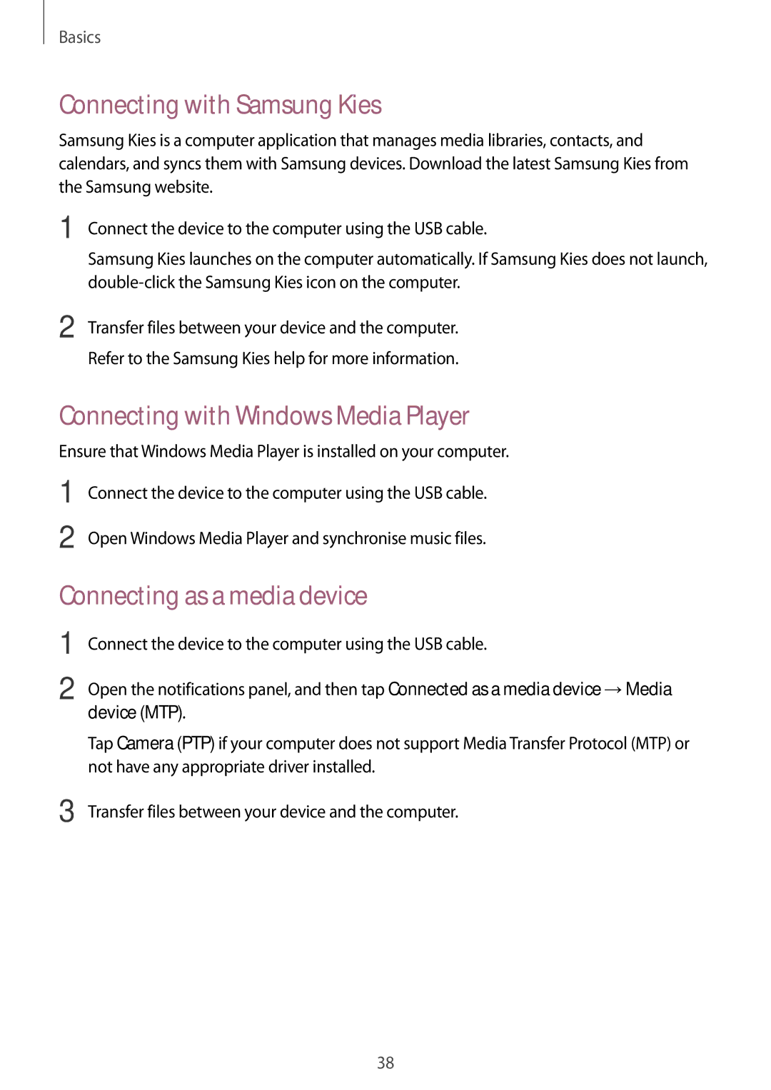 Samsung GT-I8552RWAXXV Connecting with Samsung Kies, Connecting with Windows Media Player, Connecting as a media device 