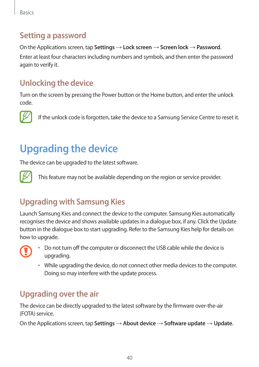 Samsung GT-I8552RWASER manual Upgrading the device, Setting a password, Unlocking the device, Upgrading with Samsung Kies 