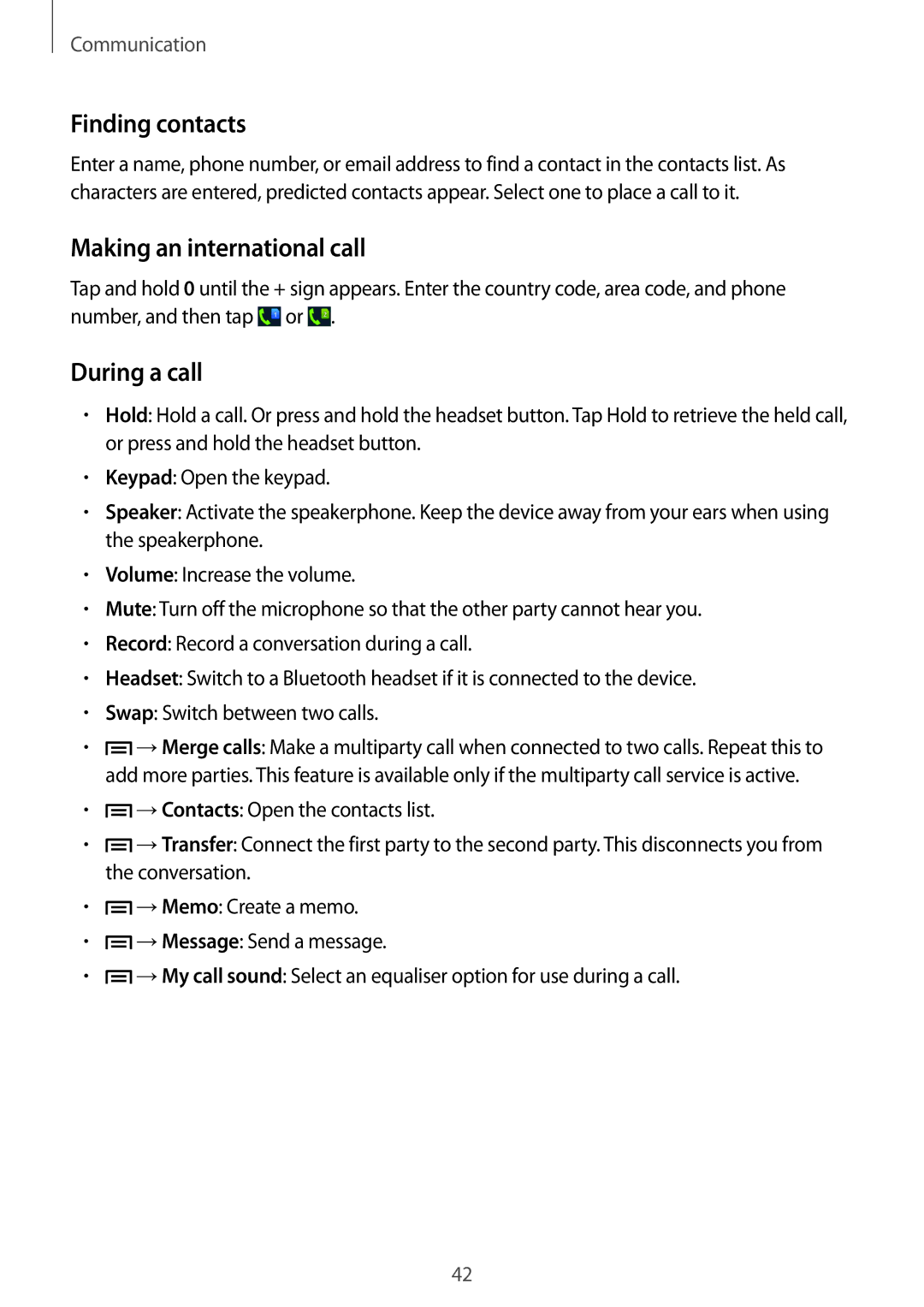 Samsung GT-I8552TAAKSA, GT-I8552RWAKSA, GT-I8552RWAXXV manual Finding contacts, Making an international call, During a call 