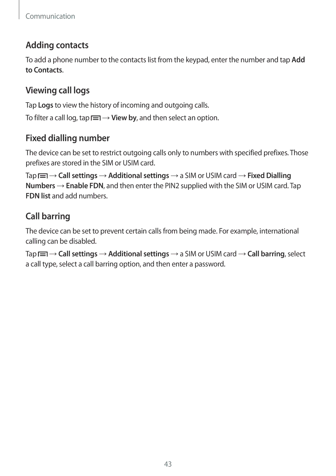 Samsung GT-I8552RWAKSA, GT-I8552TAAKSA manual Adding contacts, Viewing call logs, Fixed dialling number, Call barring 