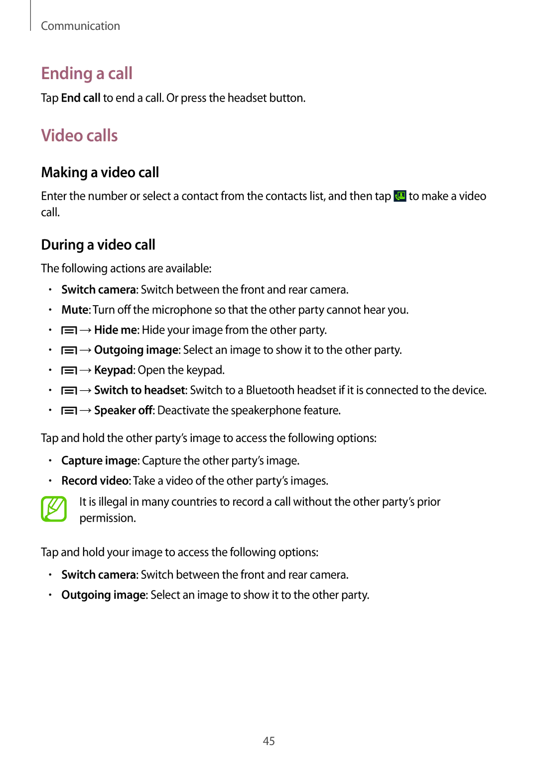 Samsung GT-I8552TAAXXV, GT-I8552TAAKSA, GT-I8552RWAKSA Ending a call, Video calls, Making a video call, During a video call 