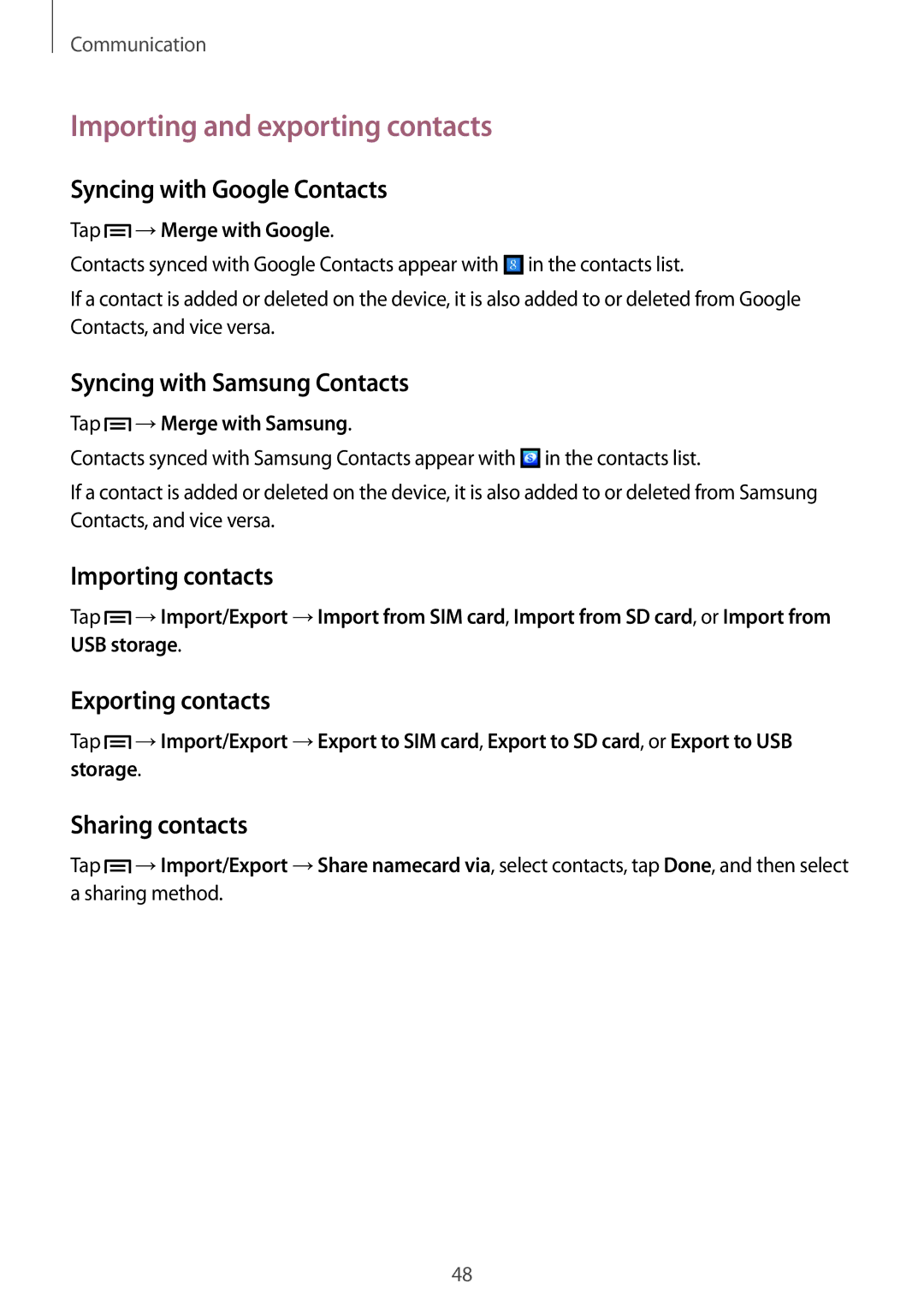 Samsung GT-I8552TAAKSA, GT-I8552RWAKSA, GT-I8552RWAXXV, GT-I8552TAAXXV, GT-I8552RWASER manual Importing and exporting contacts 