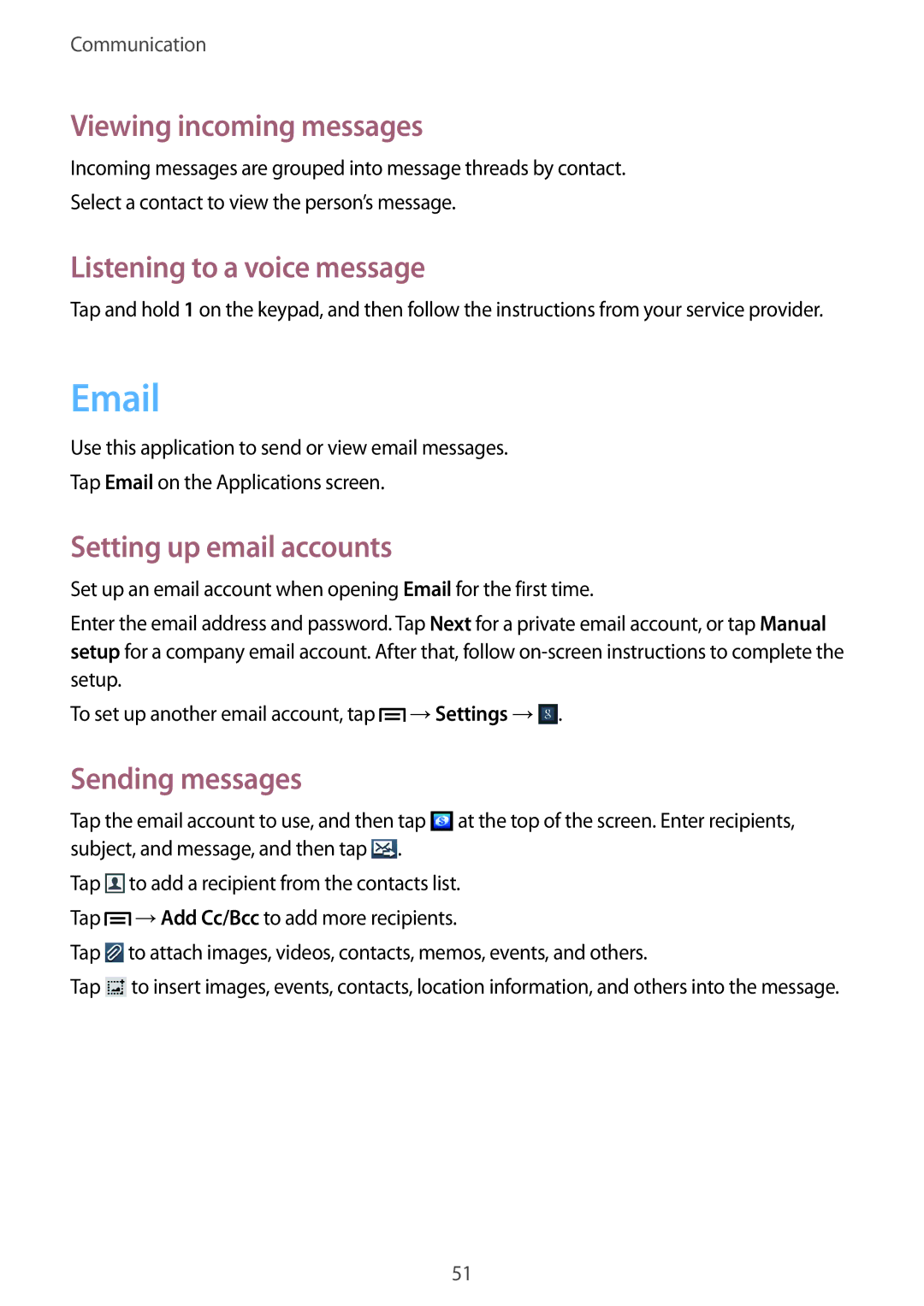 Samsung GT-I8552TAAXXV, GT-I8552TAAKSA Viewing incoming messages, Listening to a voice message, Setting up email accounts 