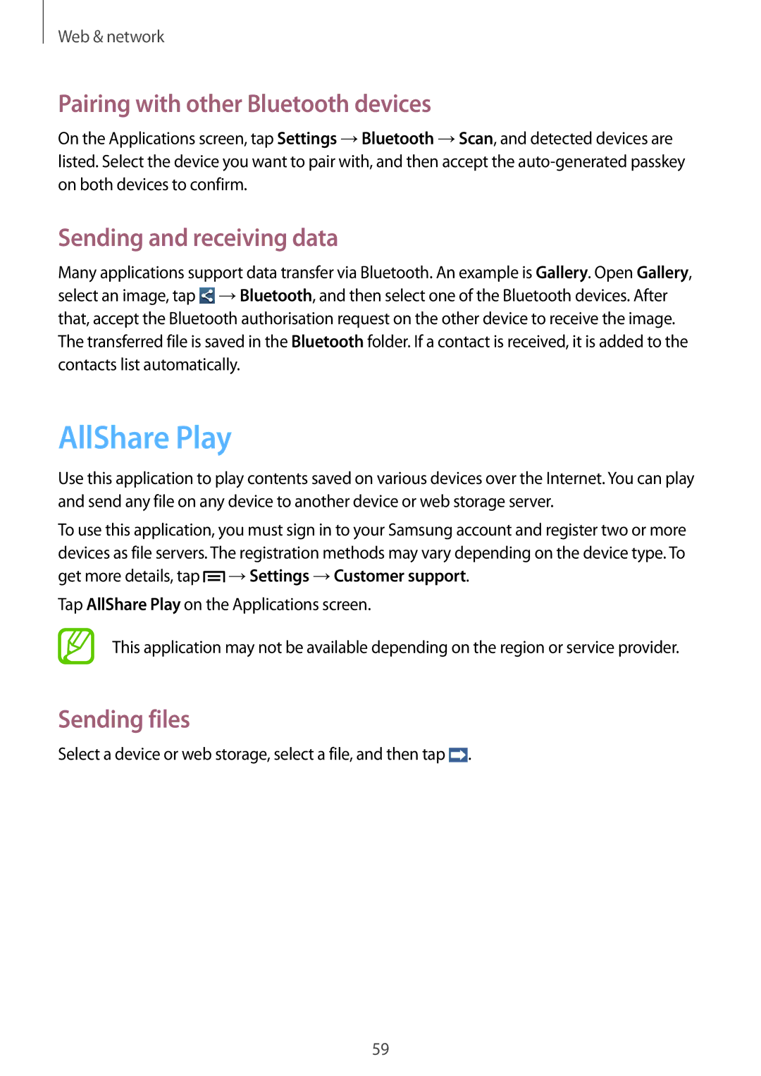 Samsung GT-I8552TAASER AllShare Play, Pairing with other Bluetooth devices, Sending and receiving data, Sending files 