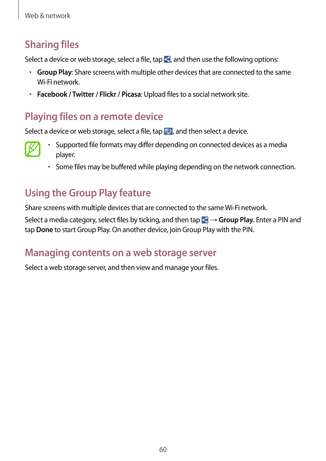 Samsung GT-I8552TAAKSA, GT-I8552RWAKSA manual Sharing files, Playing files on a remote device, Using the Group Play feature 