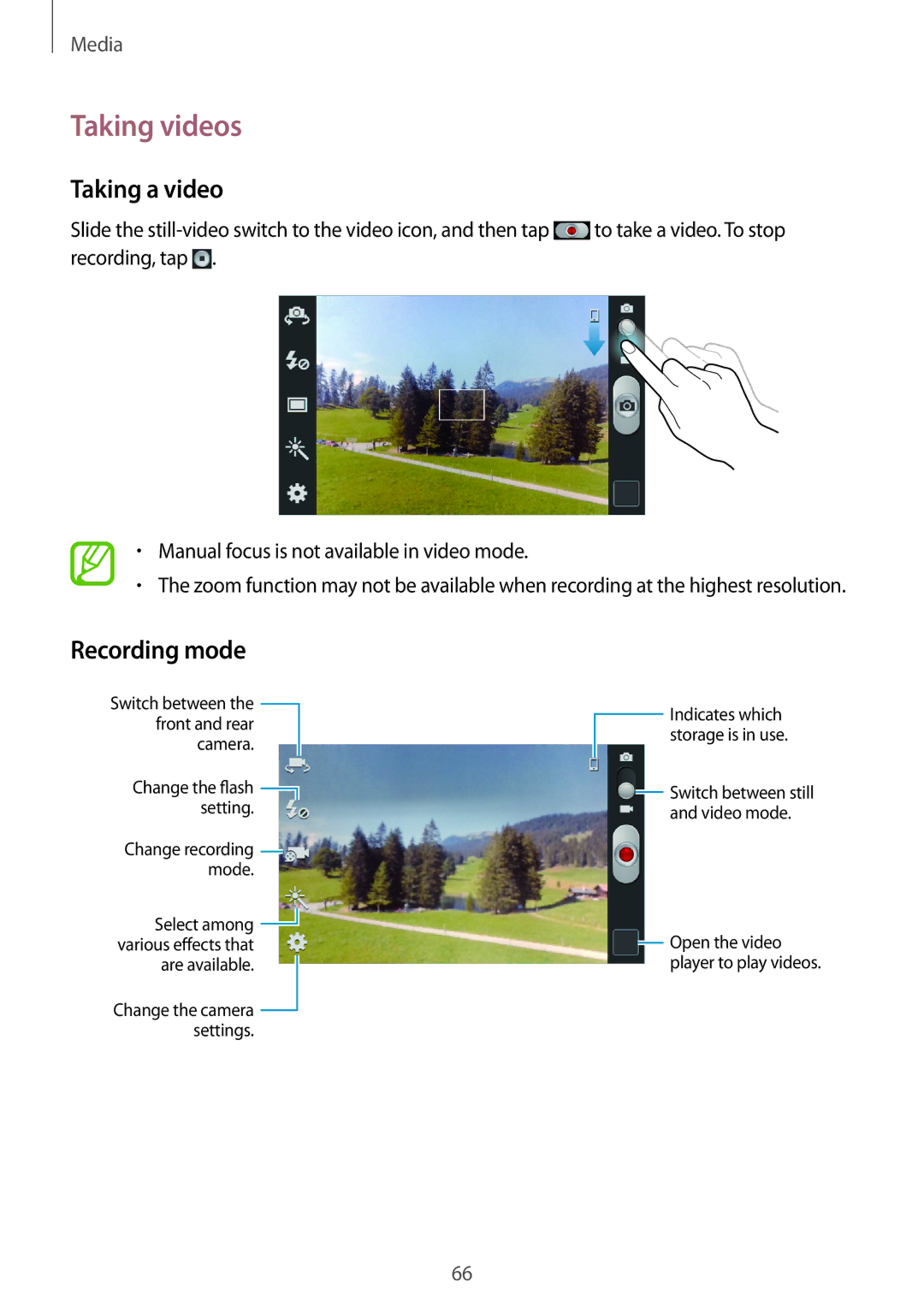 Samsung GT-I8552TAAKSA, GT-I8552RWAKSA, GT-I8552RWAXXV, GT-I8552TAAXXV manual Taking videos, Taking a video, Recording mode 