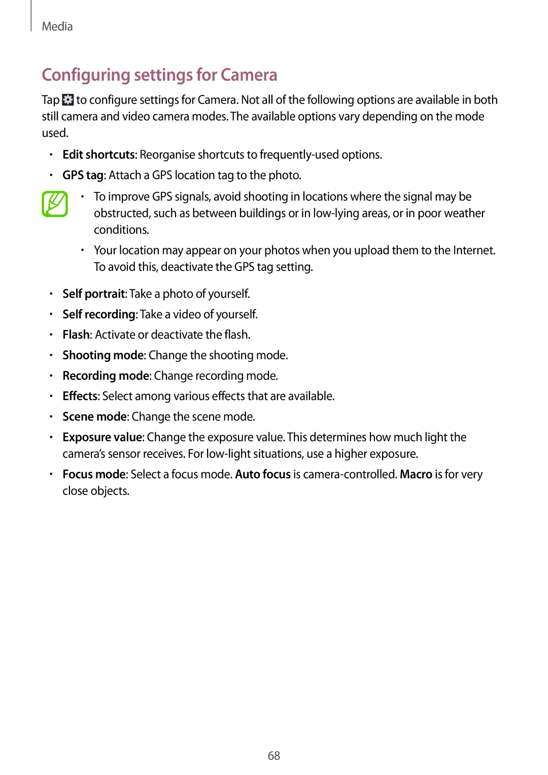 Samsung GT-I8552RWAXXV, GT-I8552TAAKSA, GT-I8552RWAKSA, GT-I8552TAAXXV, GT-I8552RWASER manual Configuring settings for Camera 