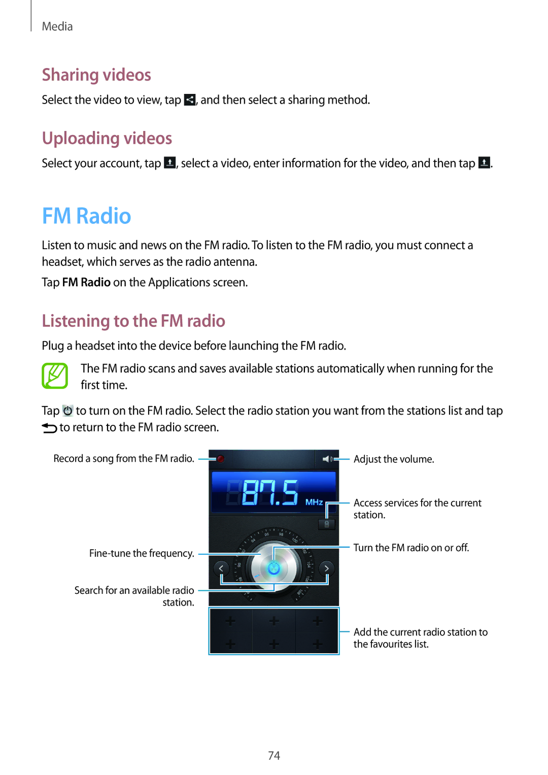 Samsung GT-I8552RWAXXV, GT-I8552TAAKSA, GT-I8552RWAKSA, GT-I8552TAAXXV FM Radio, Uploading videos, Listening to the FM radio 