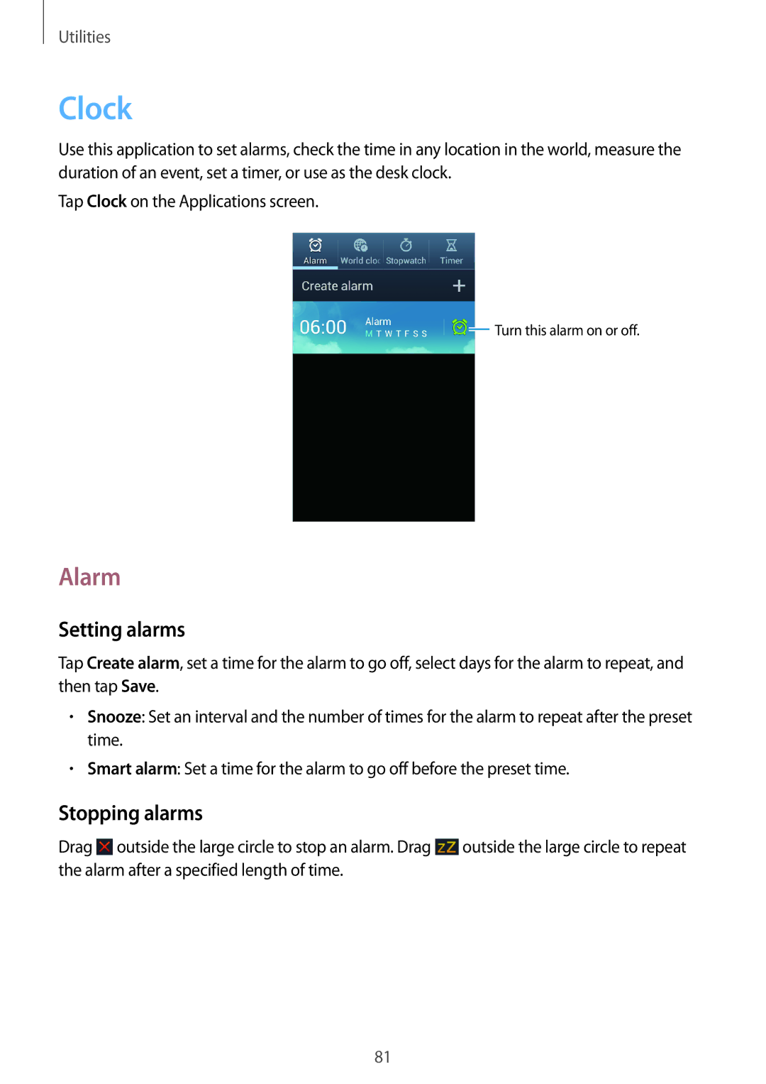 Samsung GT-I8552TAAXXV, GT-I8552TAAKSA, GT-I8552RWAKSA, GT-I8552RWAXXV manual Clock, Alarm, Setting alarms, Stopping alarms 