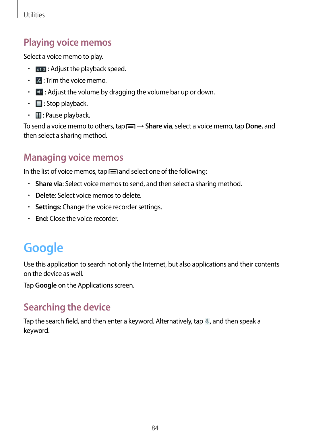Samsung GT-I8552TAAKSA, GT-I8552RWAKSA manual Google, Playing voice memos, Managing voice memos, Searching the device 