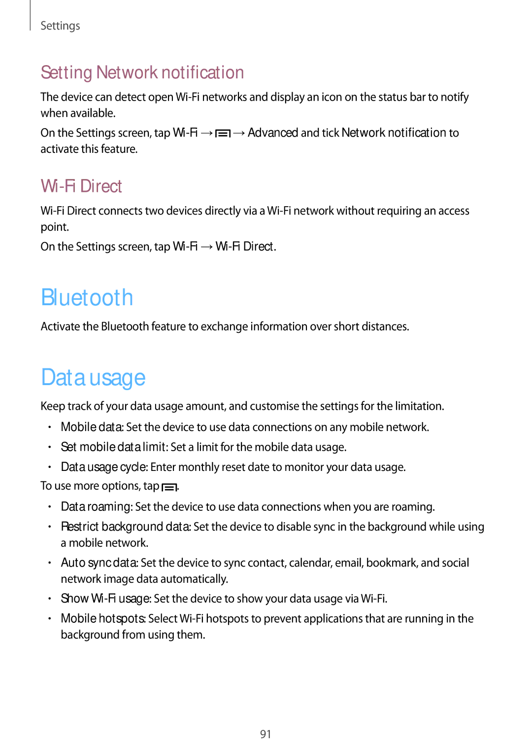 Samsung GT-I8552RWAKSA, GT-I8552TAAKSA, GT-I8552RWAXXV manual Data usage, Setting Network notification, Wi-Fi Direct 