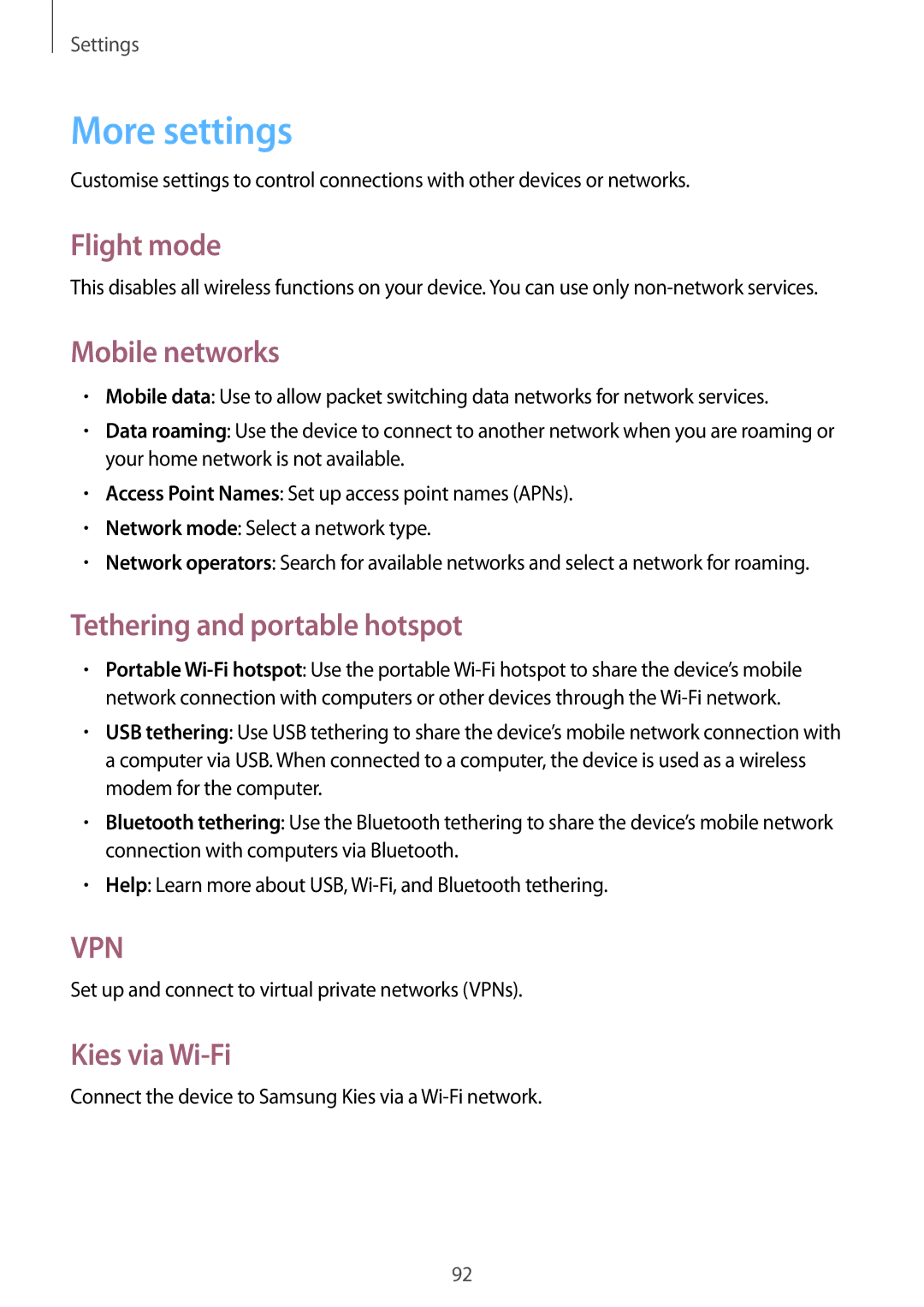 Samsung GT-I8552RWAXXV manual More settings, Flight mode, Mobile networks, Tethering and portable hotspot, Kies via Wi-Fi 