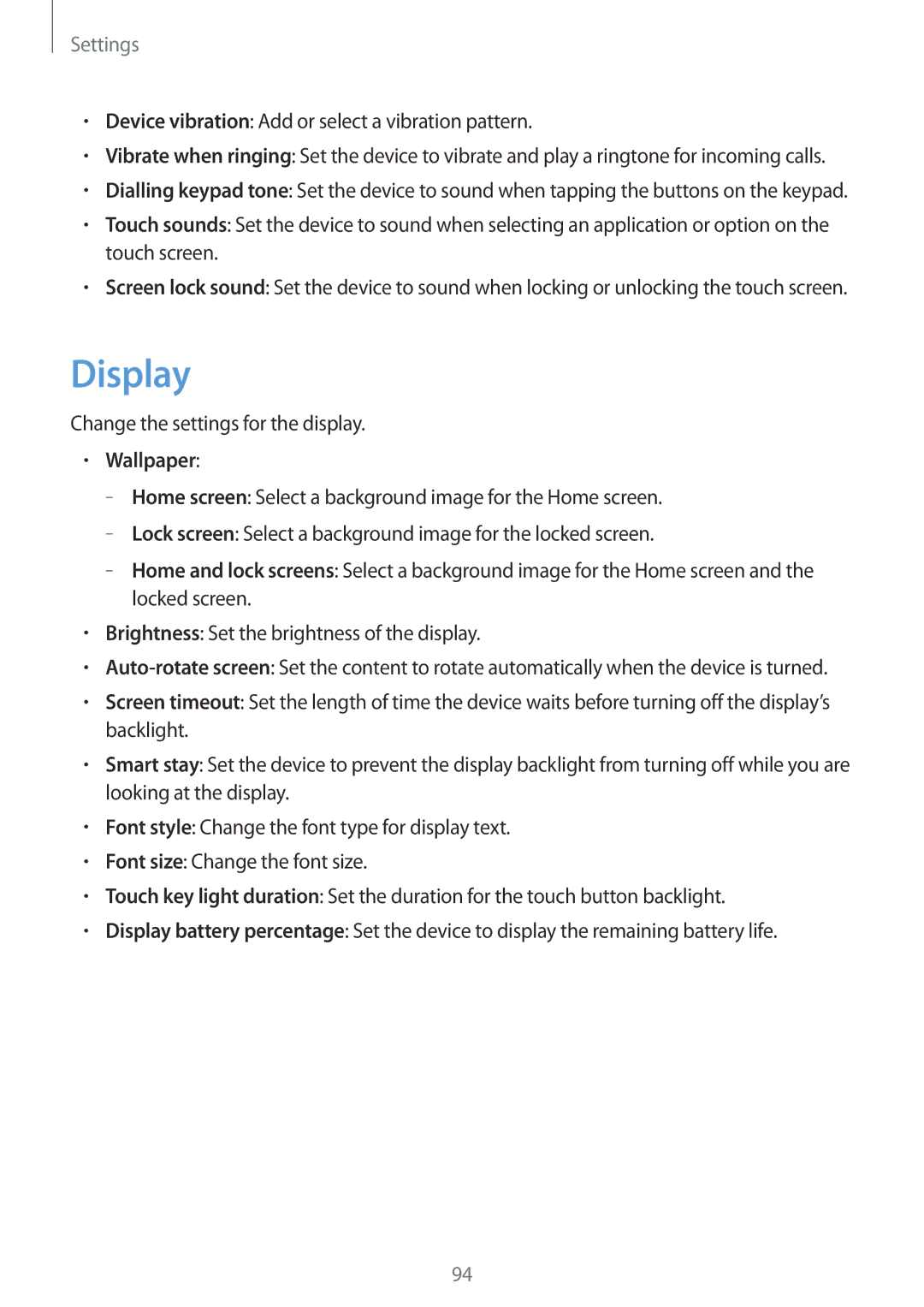 Samsung GT-I8552RWASER Display, Device vibration Add or select a vibration pattern, Change the settings for the display 