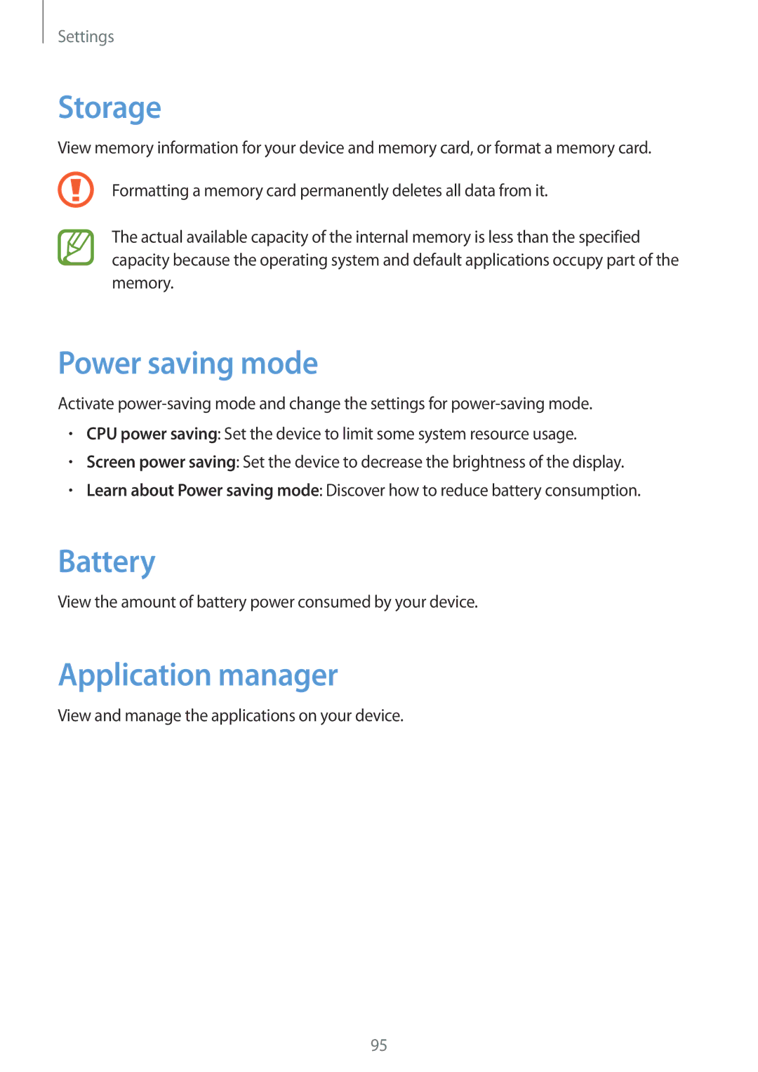 Samsung GT-I8552TAASER, GT-I8552TAAKSA, GT-I8552RWAKSA manual Storage, Power saving mode, Battery, Application manager 