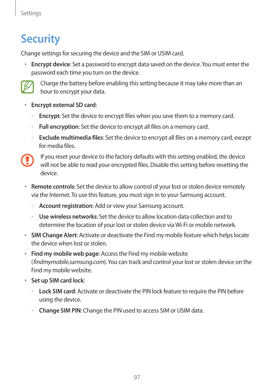 Samsung GT-I8552RWAKSA manual Security, Encrypt external SD card, Account registration Add or view your Samsung account 