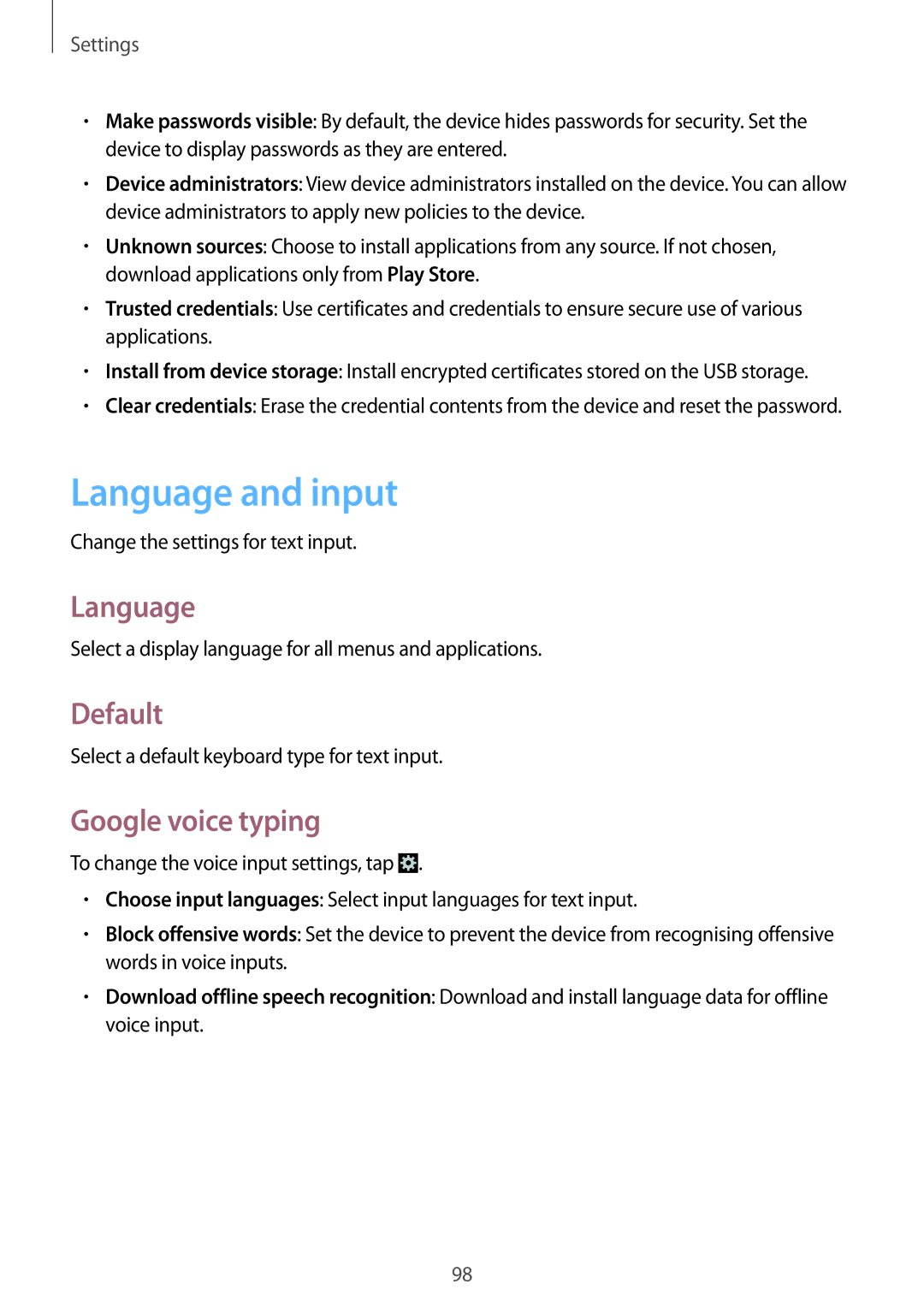 Samsung GT-I8552RWAXXV, GT-I8552TAAKSA, GT-I8552RWAKSA, GT-I8552TAAXXV manual Language and input, Default, Google voice typing 