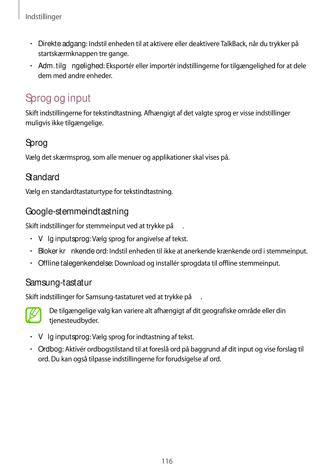 Samsung GT-I8580DBANEE, GT-I8580PWANEE manual Sprog og input, Standard, Google-stemmeindtastning, Samsung-tastatur 