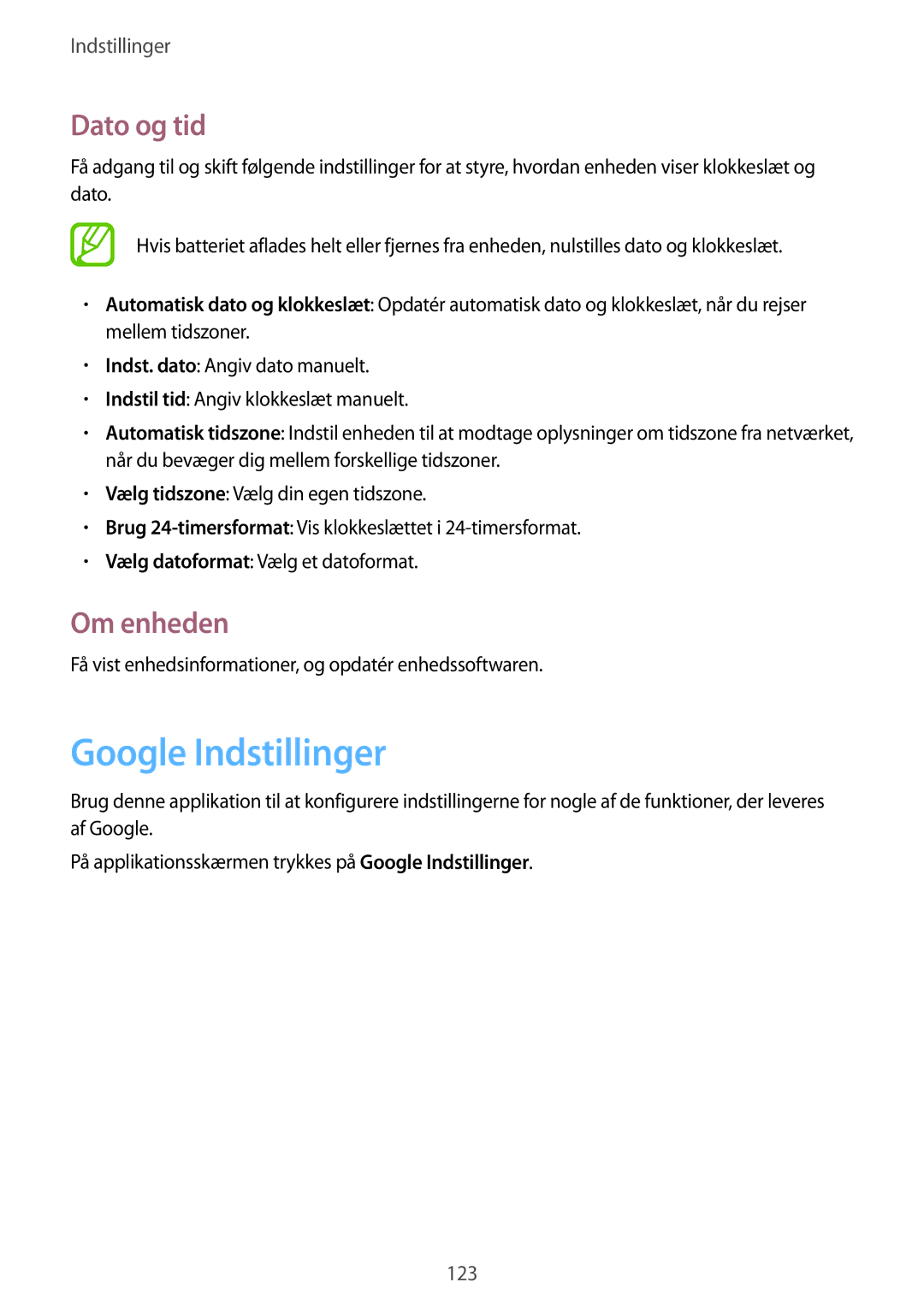 Samsung GT-I8580PWANEE, GT-I8580DBANEE manual Google Indstillinger, Dato og tid, Om enheden 