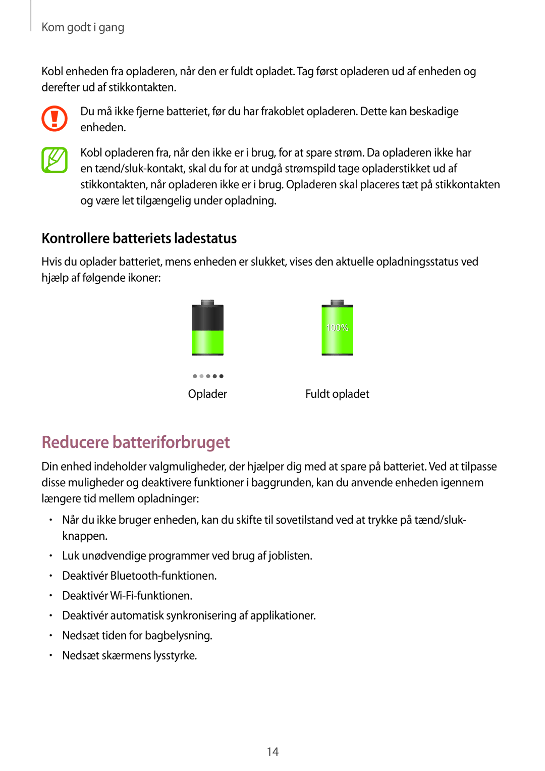 Samsung GT-I8580DBANEE, GT-I8580PWANEE manual Reducere batteriforbruget, Kontrollere batteriets ladestatus 