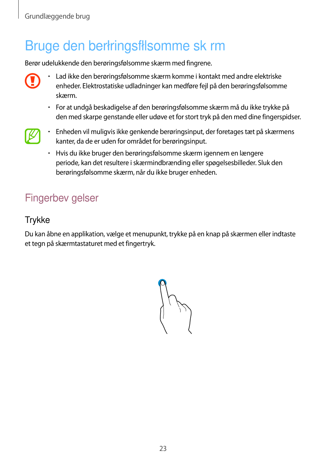 Samsung GT-I8580PWANEE, GT-I8580DBANEE manual Bruge den berøringsfølsomme skærm, Fingerbevægelser, Trykke 