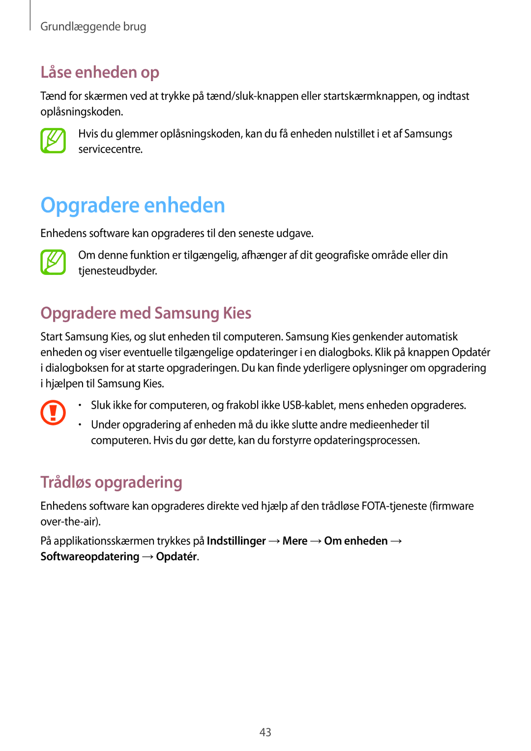 Samsung GT-I8580PWANEE, GT-I8580DBANEE Opgradere enheden, Låse enheden op, Opgradere med Samsung Kies, Trådløs opgradering 