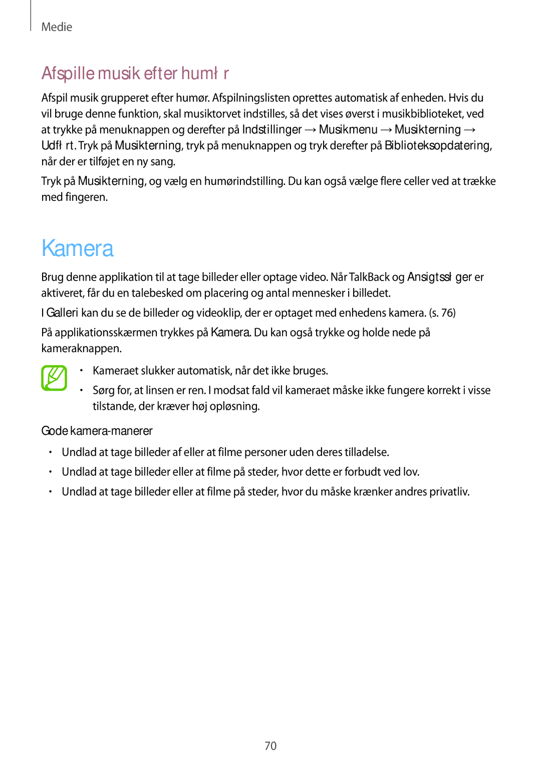 Samsung GT-I8580DBANEE, GT-I8580PWANEE manual Kamera, Afspille musik efter humør, Gode kamera-manerer 