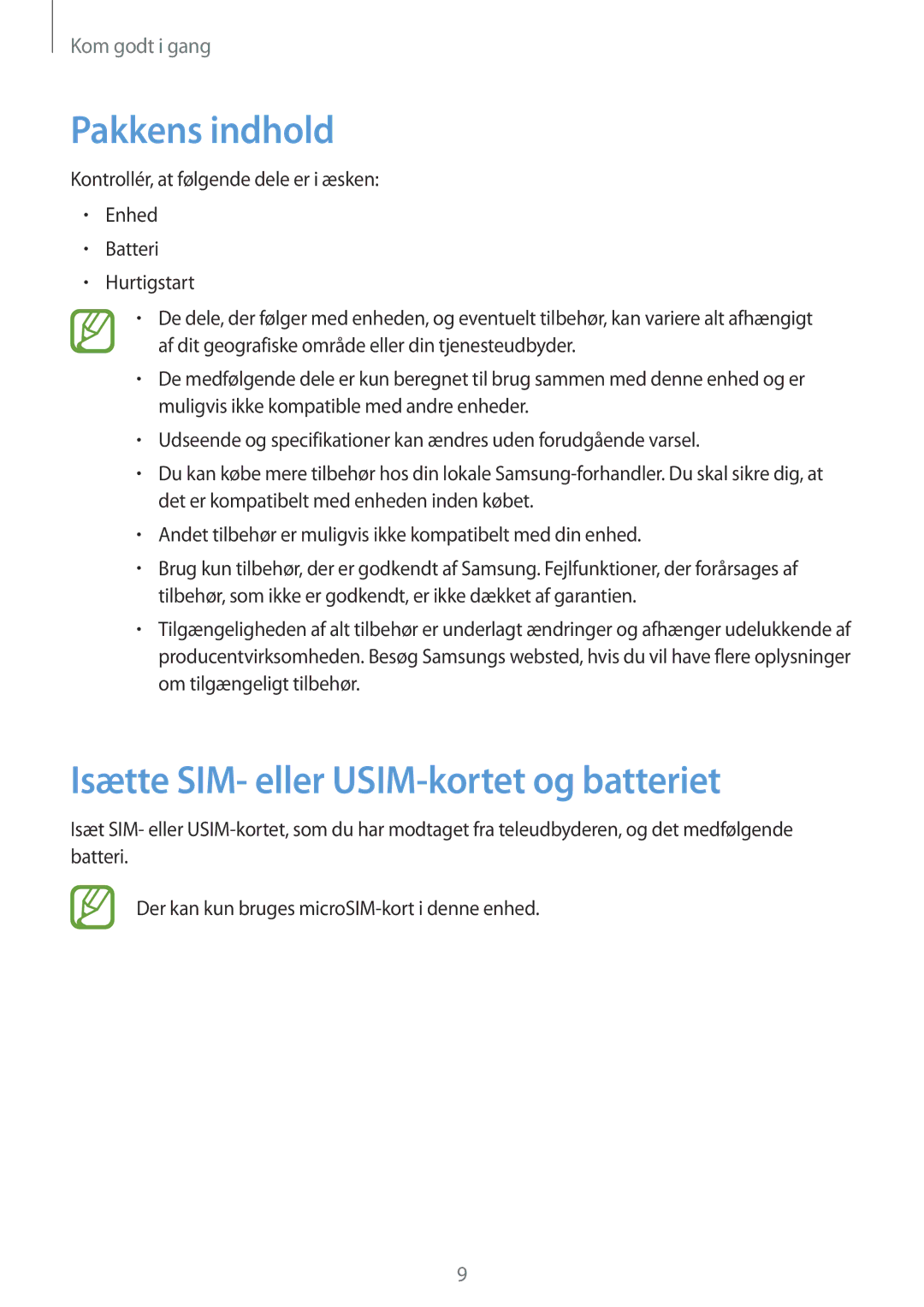 Samsung GT-I8580PWANEE, GT-I8580DBANEE manual Pakkens indhold, Isætte SIM- eller USIM-kortet og batteriet 