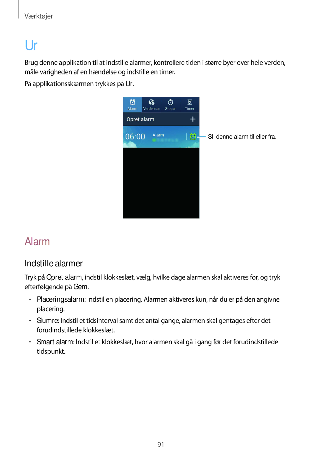 Samsung GT-I8580PWANEE, GT-I8580DBANEE manual Alarm, Indstille alarmer 