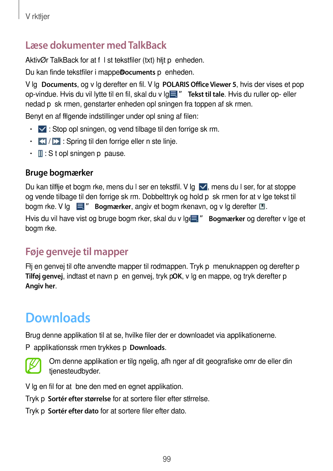 Samsung GT-I8580PWANEE, GT-I8580DBANEE Downloads, Læse dokumenter med TalkBack, Føje genveje til mapper, Bruge bogmærker 