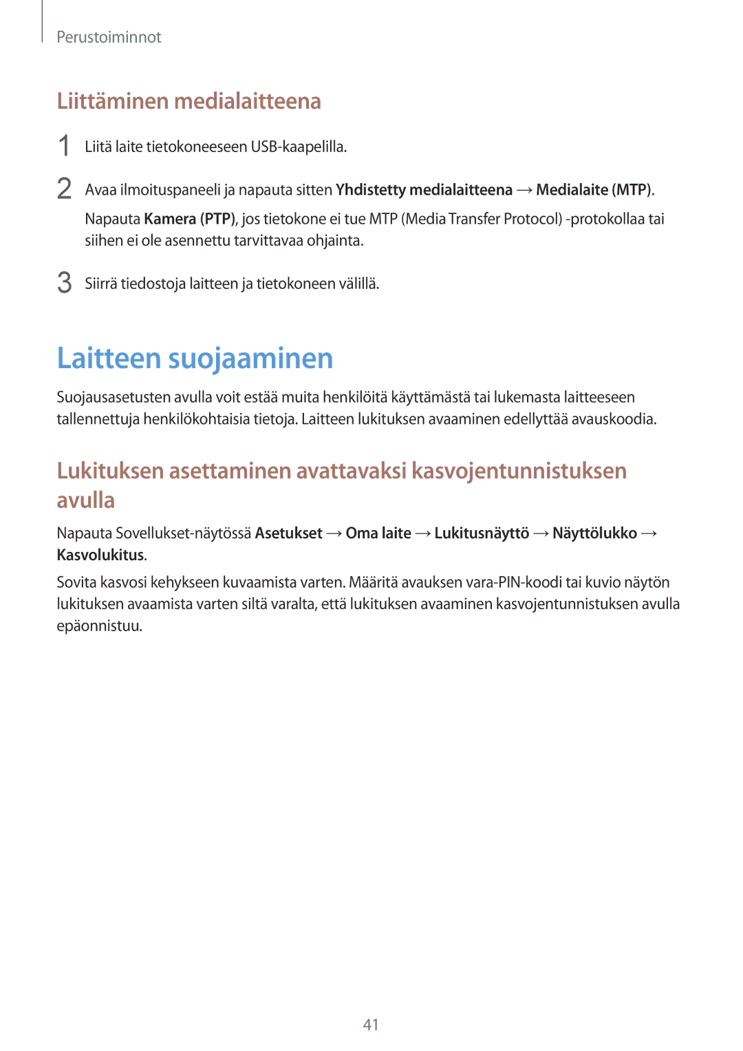 Samsung GT-I8580PWANEE, GT-I8580DBANEE manual Laitteen suojaaminen, Liittäminen medialaitteena 