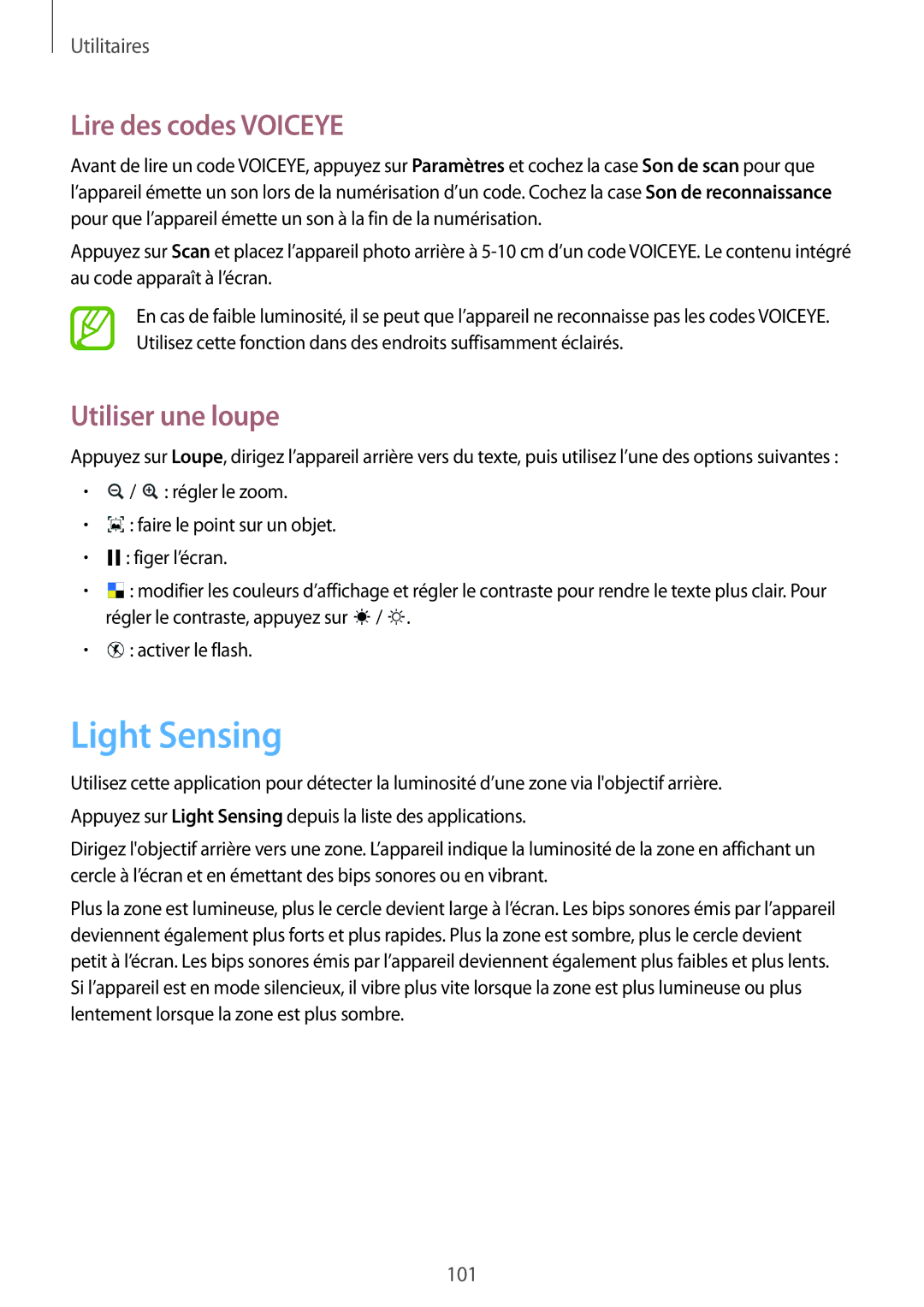 Samsung GT-I8580DBAXEF manual Light Sensing, Lire des codes Voiceye, Utiliser une loupe 