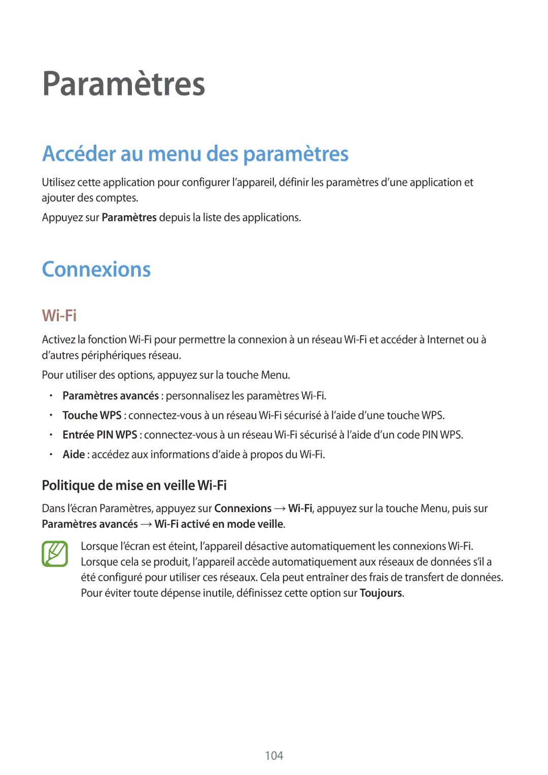 Samsung GT-I8580DBAXEF manual Accéder au menu des paramètres, Connexions, Politique de mise en veille Wi-Fi 