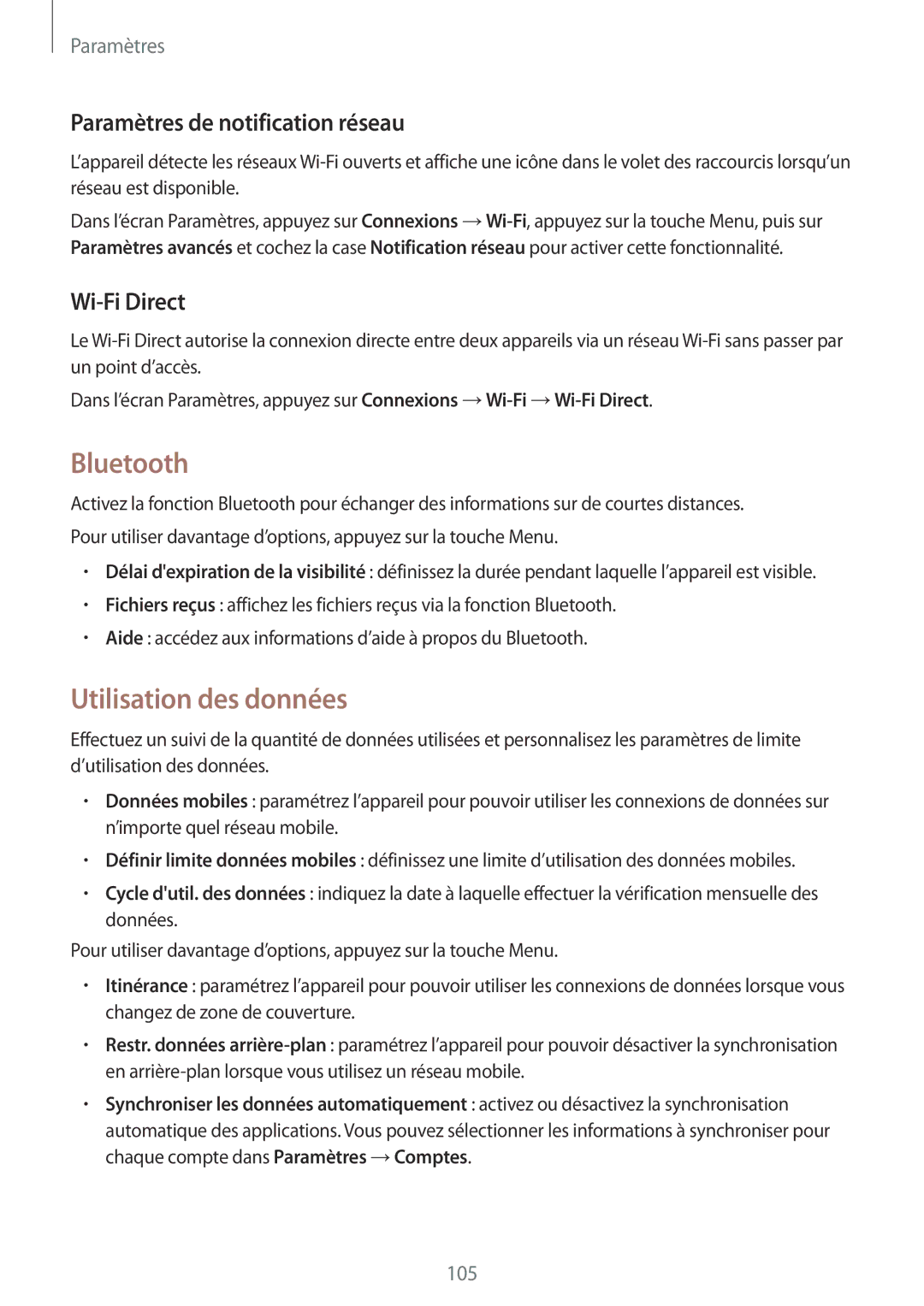 Samsung GT-I8580DBAXEF manual Bluetooth, Utilisation des données, Paramètres de notification réseau, Wi-Fi Direct 