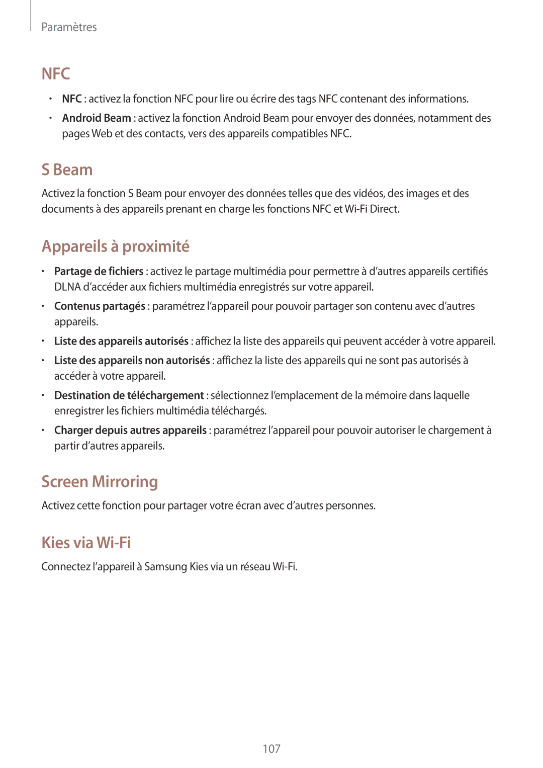 Samsung GT-I8580DBAXEF manual Beam, Appareils à proximité, Screen Mirroring, Kies via Wi-Fi 